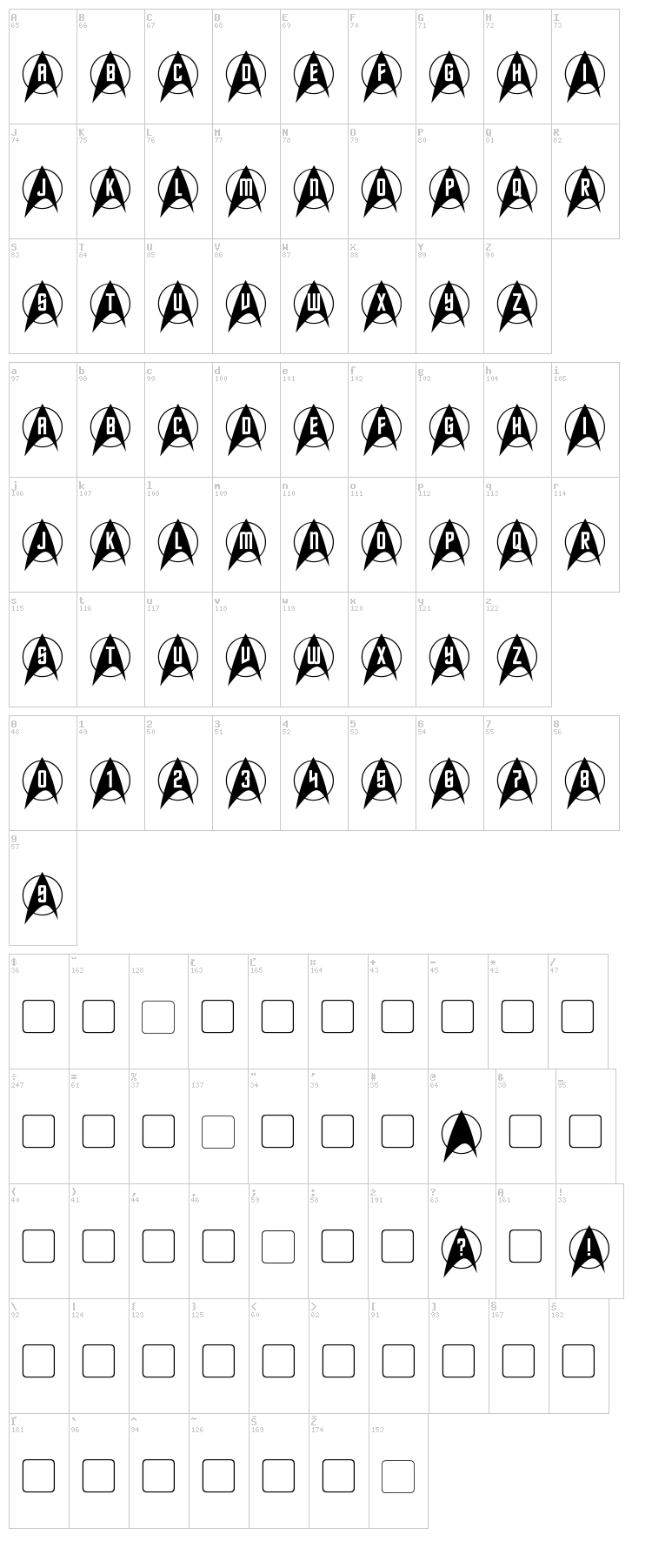 Trek Arrowcaps font map
